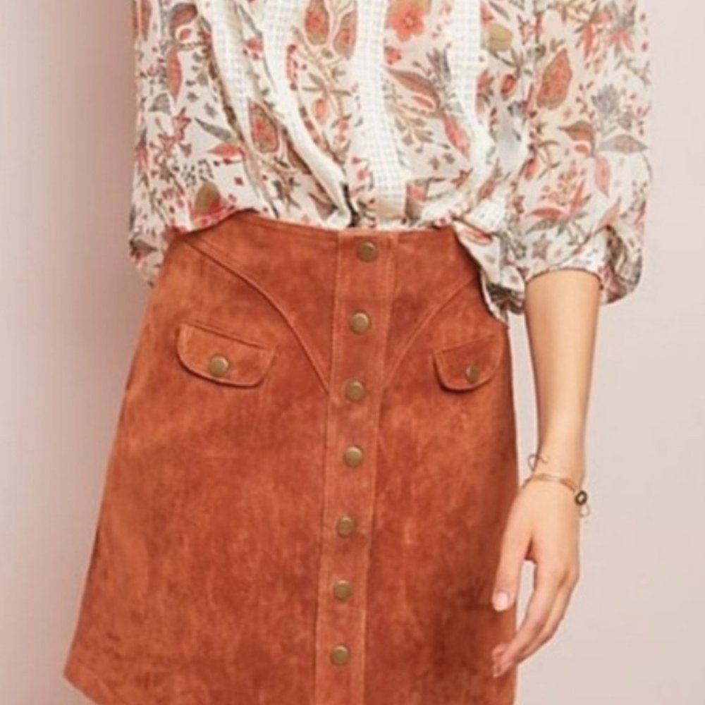 Anthropologie Button-Front Suede Mini Skirt